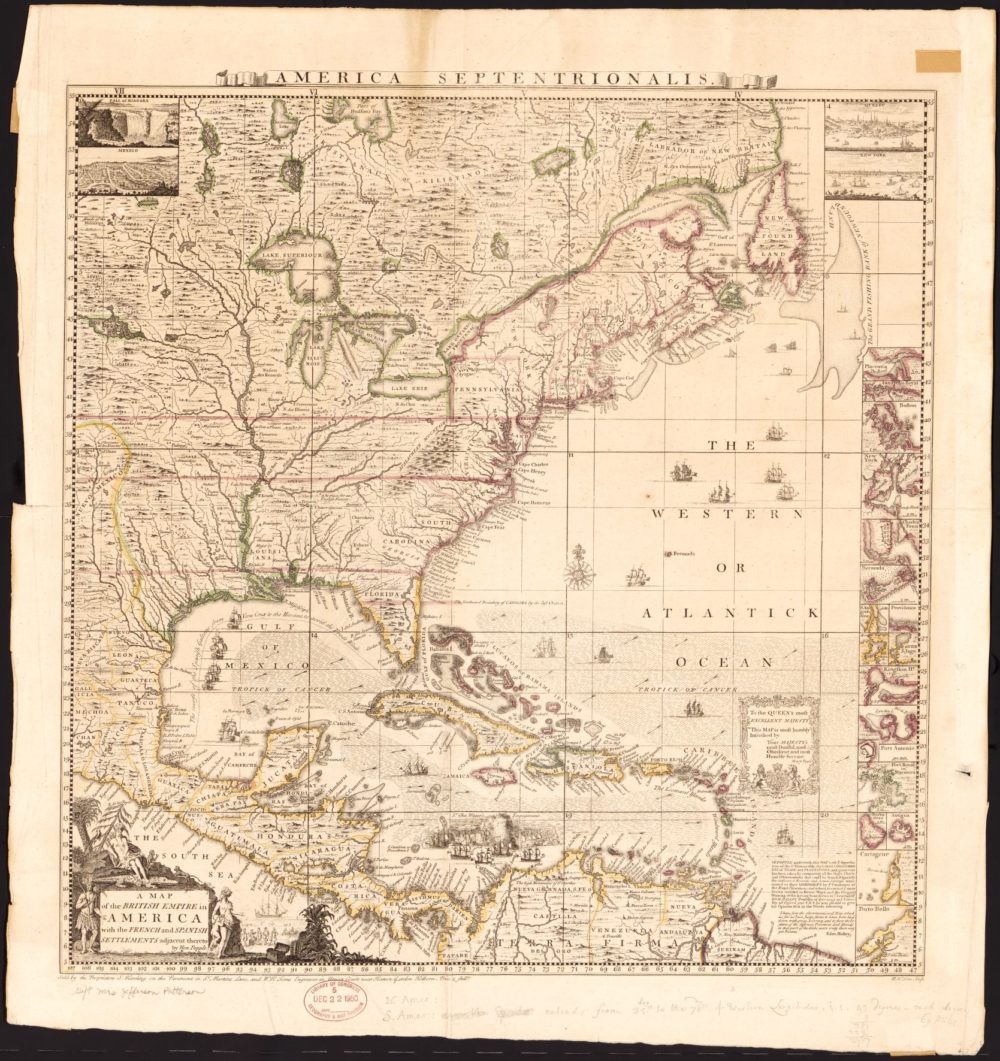 Henry Popple, "A map of the British Empire in America with the French and Spanish settlements adjacent thereto," 1733 via Library of Congress.