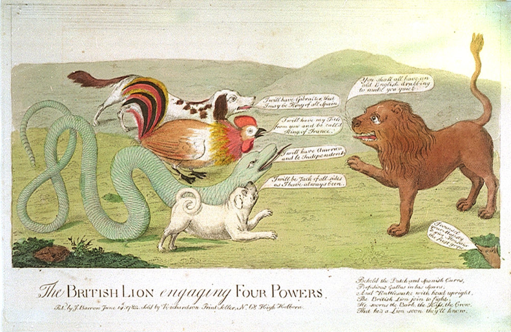 J. Barrow, "The British Lion engaging Four Powers," 1782, via National Maritime Museum, Greenwich, London.